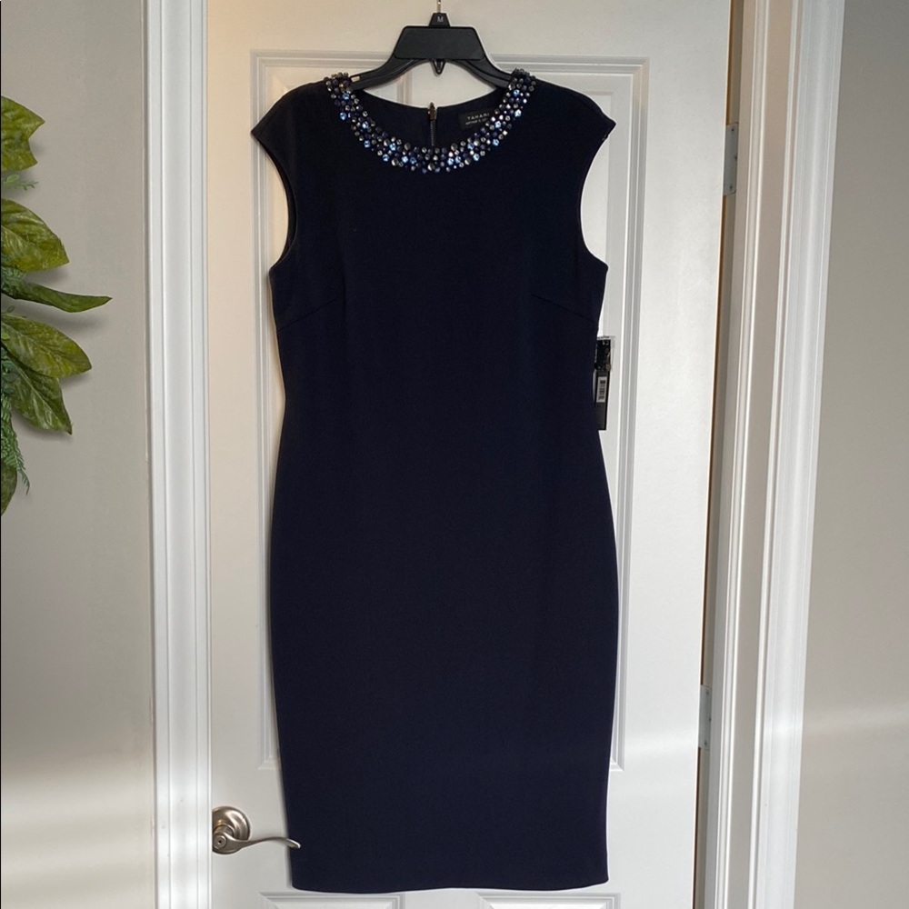 Elegant Tahari Navy Blue Dress with Embellished Neckline
